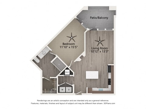 Floor plan for 1 bed, 1 bath, 744 sqft